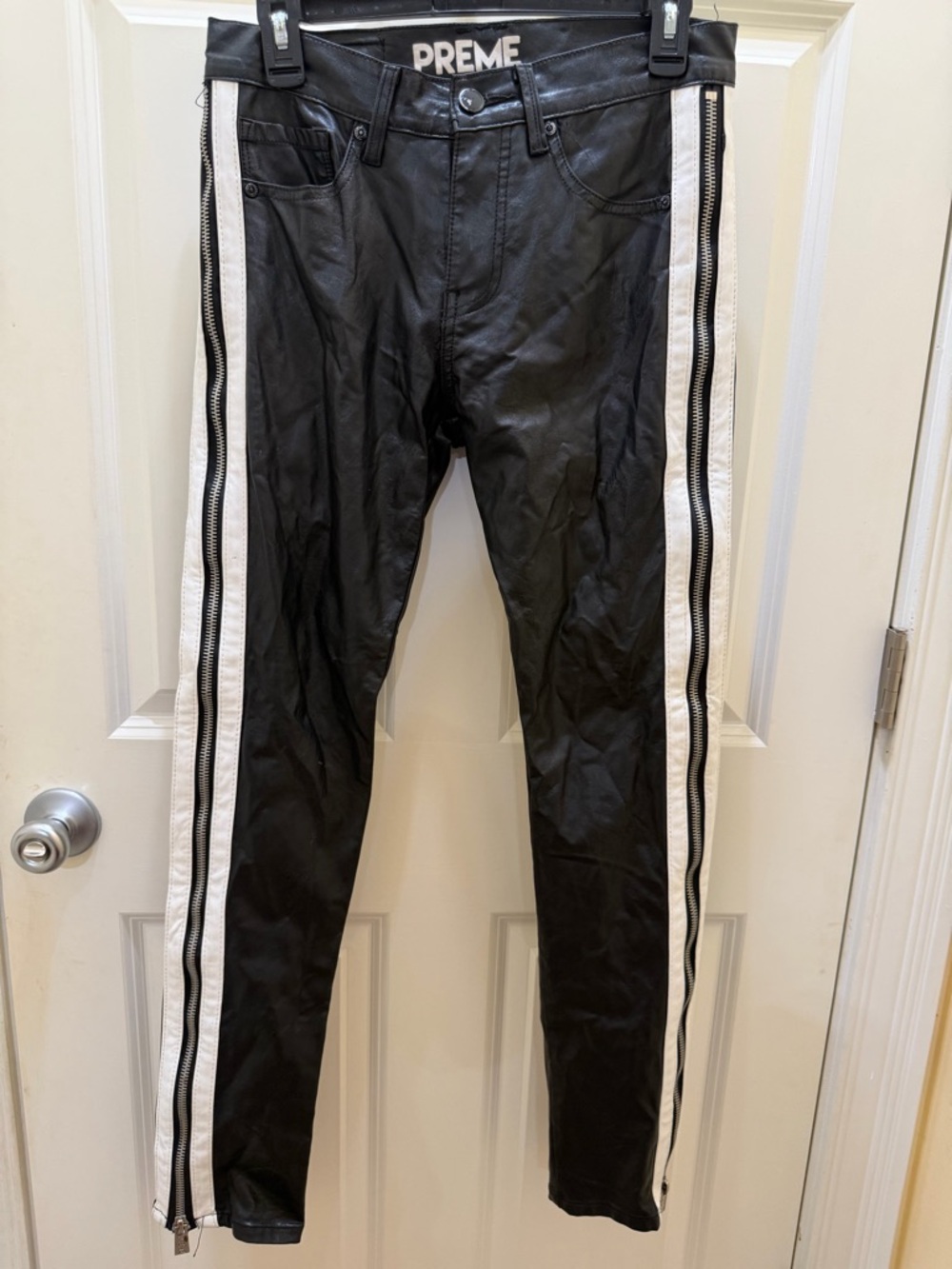 PREME Black Leather Pants with White Side Stripes